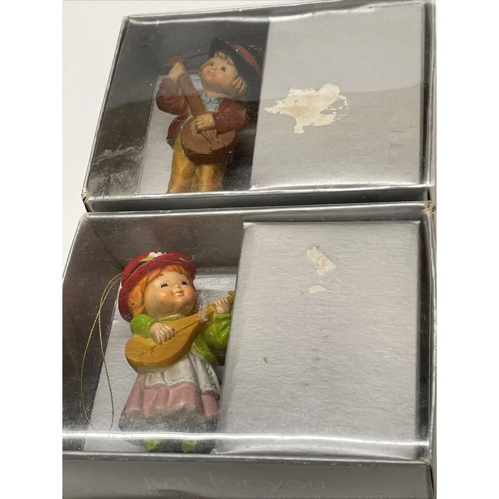 Bradford Boy and Girl Christmas Ornaments playing string instruments Vintage Box